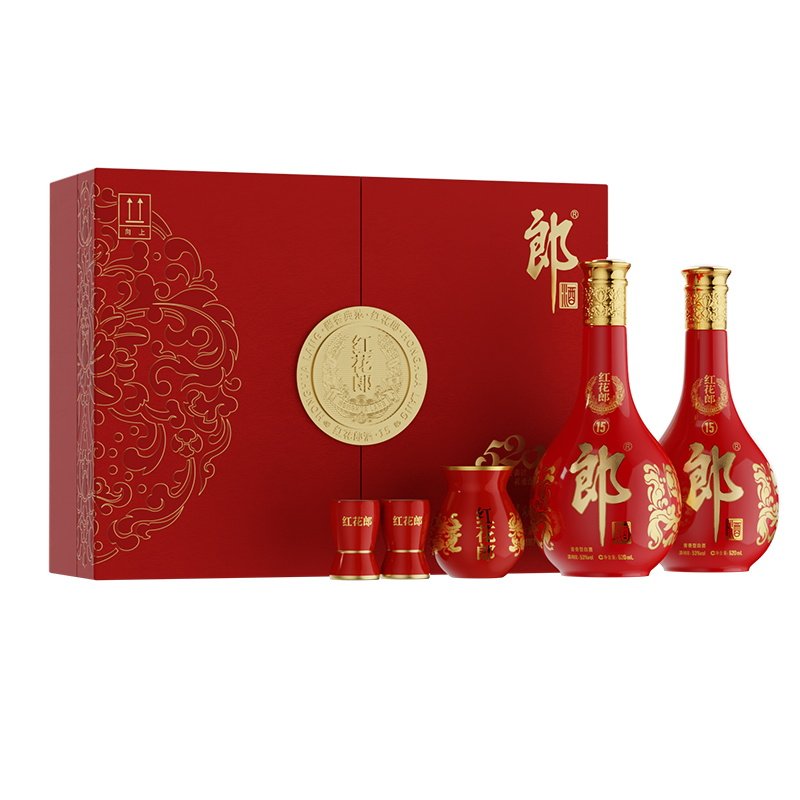 [中秋礼盒]郎酒 红花郎15 酱香型白酒53度 双瓶礼盒装 520mL*2瓶