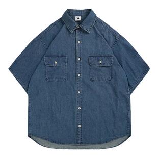 纯色双口袋牛仔衬衫短袖日系复古夏季宽松蓝色百搭衬衣半袖上衣