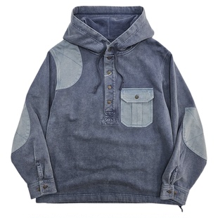 西里布咔叽复古亨利领宽松连帽卫衣男全棉毛圈水洗拔染做旧非rrl