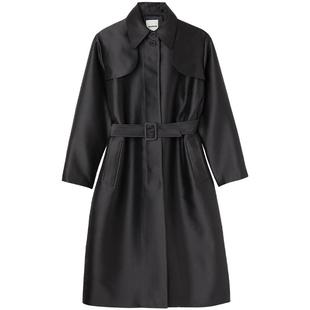 SANDRO Outlets秋冬女装法式简约气质黑色系带光泽感风衣长款外套