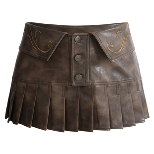 【明星同款】UNIFREEPLUS大码低腰百褶半身裙美式辣妹短款皮裙