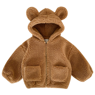 幼悠男童加绒外套潮洋气儿童连帽保暖上衣加厚宝宝毛绒外衣秋冬款