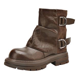 达芙妮马丁靴女款2026新款英伦风棕色小短靴冬季美拉德厚底堆堆靴