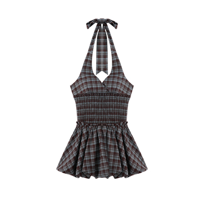 ablueberry格纹挂脖连衣裙女