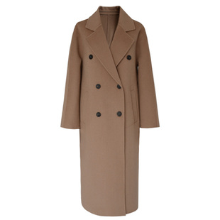 百分百澳洲纯羊毛手工双面呢大衣经典双排扣中长翻领羊绒呢外套女