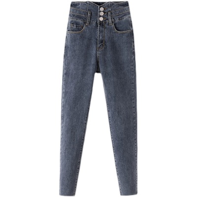 三排扣高腰铅笔裤秋冬款牛仔裤