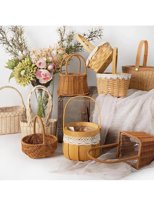 母亲节仿藤编手提花篮节日礼品月子鸡蛋手拎篮子水果收纳花艺花店