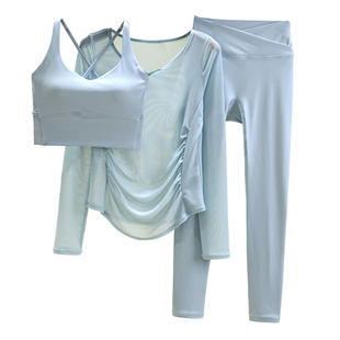 瑜伽服套装女2025新款高级感交叉美背长袖网纱普拉提训练健身衣服