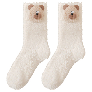 珊瑚绒袜子女款秋冬季加绒加厚保暖中筒袜可爱卡通睡眠居家地板袜