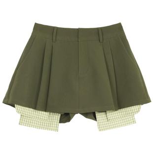 KEIKO 设计感绿色拼接百褶短裙裤裙春夏垂感高腰显瘦半身裙短裤