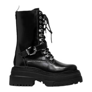 BLOCCO5女鞋春季中筒靴ALL ROUND金属皮带扣侧拉链增高马丁靴原创