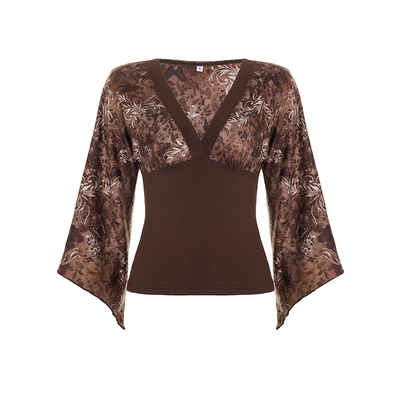 WEEKEEP 小众古着辣妹V领印花拼接蝙蝠袖上衣百搭修身收腰长袖T恤