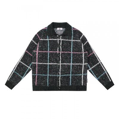 EMPTY REFERENCE羊毛斑驳质感复古格纹翻领重磅针织毛衣开衫外套