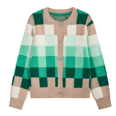 圆领绿色格子毛衣女NEELLY纳俪商场同款时尚设计感绵羊毛针织开衫