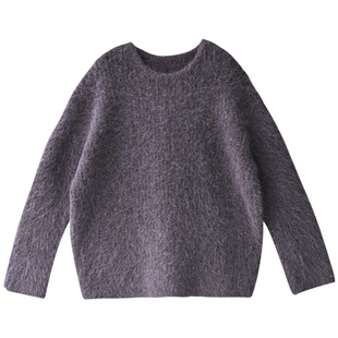 M89365 文艺浪漫烟紫色圆领宽松拉毛羊驼绒毛衣女士2026 新品速递