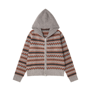 张小醒DRESS STUDIO 复古针织衫女连帽双头拉链撞色长袖毛衣外套