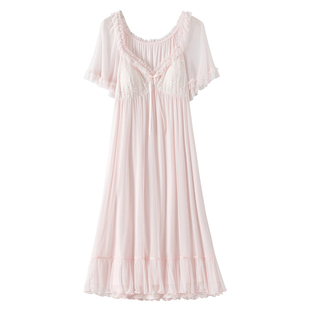 RoseTree宫廷睡裙女款夏季短袖公主风甜美少女性感蕾丝睡衣带胸垫