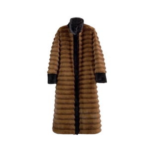 2026年新款横条纹撞色皮草水貂大衣立领宽松显瘦长款女环保暖外套