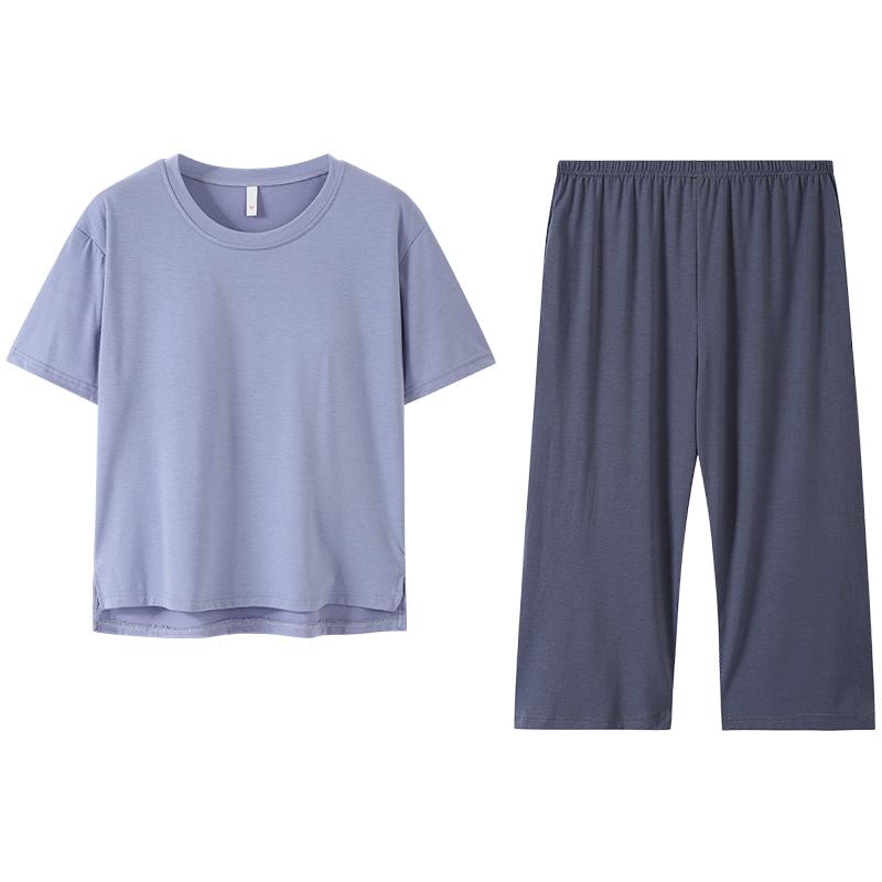 带胸垫睡衣女夏天短袖莫代尔纯色家居服夏季慵懒风女士七分裤套装