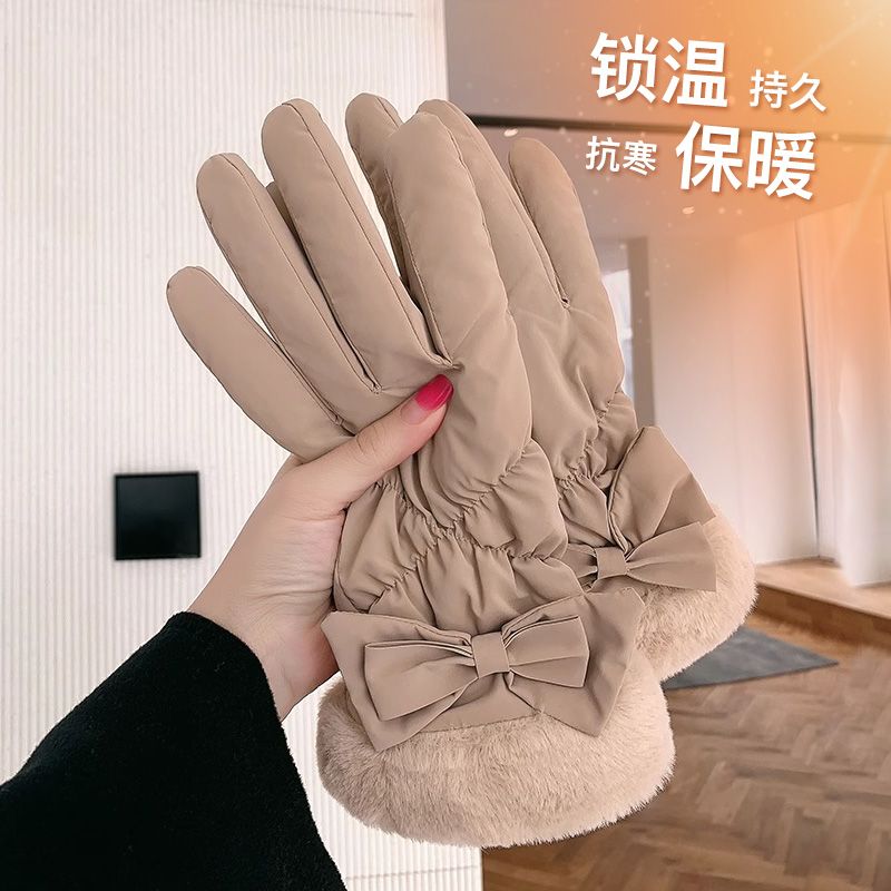 手套冬季女保暖韩版蝴蝶结触屏骑行电动车防寒加绒加厚防风棉手套