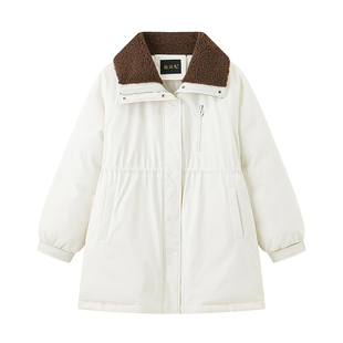 超级文 岁岁金河拼接领口抽绳收腰中长款白鸭绒羽绒服女微胖大码