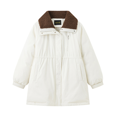 超级文 岁岁金河拼接领口抽绳收腰中长款白鸭绒羽绒服女微胖大码