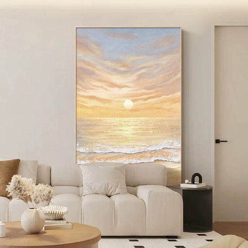 日出东方客厅装饰画落地画原木奶油风海景玄关壁画入户正对门挂画