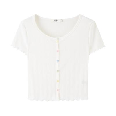三福短款上衣女2026新款夏季减龄木耳边短袖小个子t恤女装521258