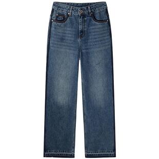 U/TI水洗撞色丹宁牛仔裤女棉质毛边直筒裤休闲裤尤缇2025春季新款