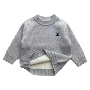 男童毛衣一体绒打底衫加绒圆领儿童纯棉毛线衣白色秋冬加厚童装潮