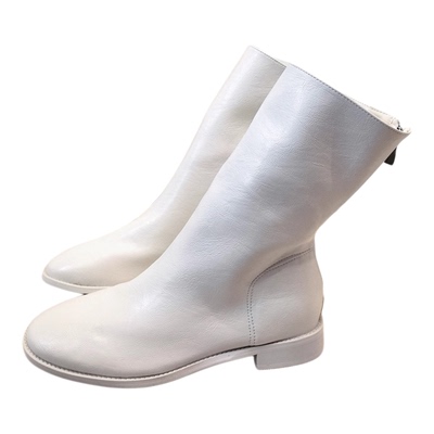 欧美秋冬GUID暗黑风马皮纹低跟做旧洗水白后拉链马丁靴机车靴中筒