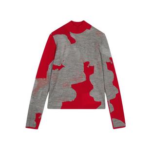 LESS绵羊毛艺术感红色拼色高领针织衫女迷彩修身薄毛衣2N0313310