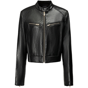 【态度猫旅】FF仿佛皮衣女2025秋季新款短款正肩复古机车夹克外套