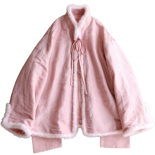 云澍原创 丝麻新中式甜美国风水貂毛立领系带对襟棉服上衣女冬季