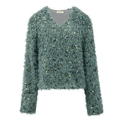 COCOBELLA只此青绿名媛风亮片羽毛纱针织衫秋冬V领上衣TS3013