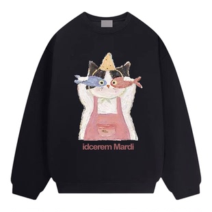 idcerem Mardi卡通趣味小猫抓鱼印花卫衣女加绒冬季韩系休闲上衣