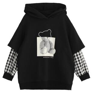 NNGZ设计师女童假两件连帽卫衣春秋季小熊印花儿童上衣童装套头衫