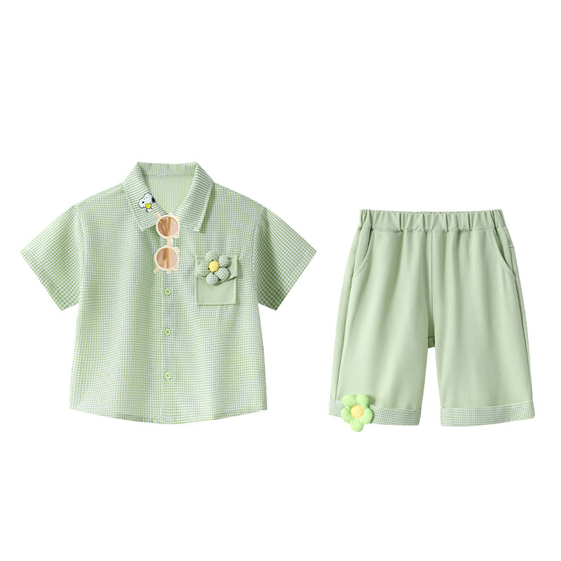 史努比男童套装2026夏季新款洋气儿童夏装格子短袖衬衫短裤两件套