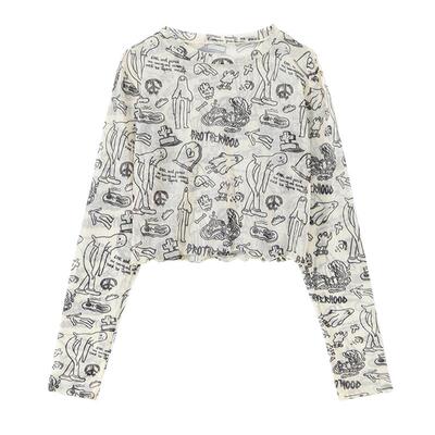 卡通印花网纱打底衫女夏季冰丝薄款宽松长袖内搭防晒上衣T恤罩衫