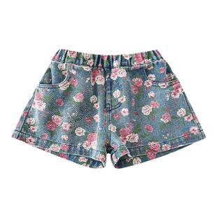 幼悠女童牛仔短裤2025夏新款复古玫瑰印花五分裤儿童宽松外穿裤子