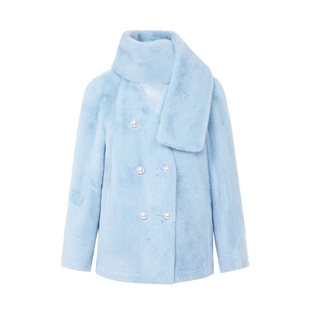 朗姿/LIME莱茵环保皮草短大衣蓝色开领配围巾珍珠扣高级感冬新款