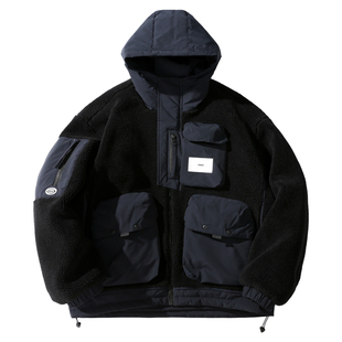 ALLIN 工装连帽羽绒服男冬季羊羔绒加厚保暖情侣鸭绒防寒短款外套