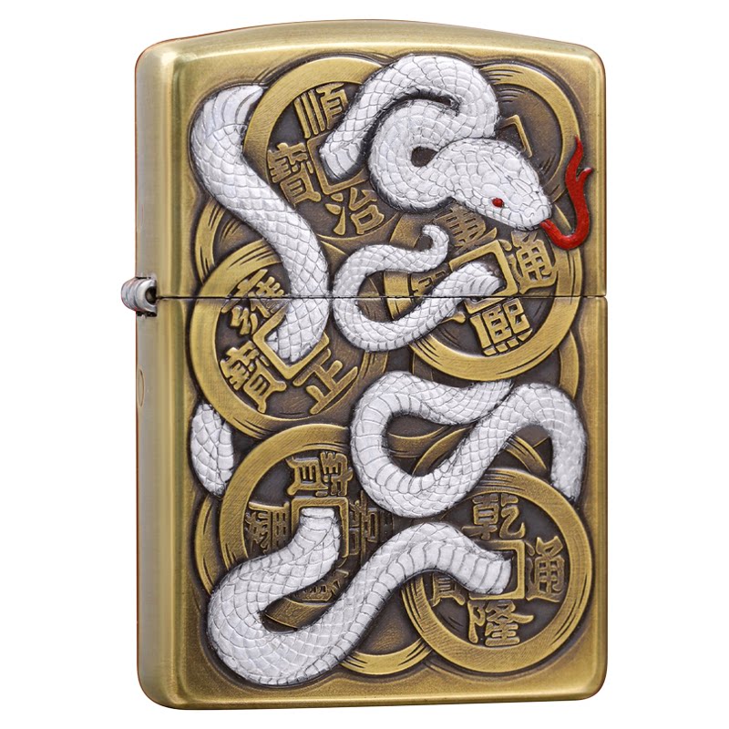 Zippo鬼王五帝钱蛇盔甲珐琅彩礼