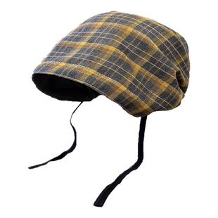 废土风复古双面格纹套头帽女韩系出街休闲显脸小包头堆堆帽潮冷帽