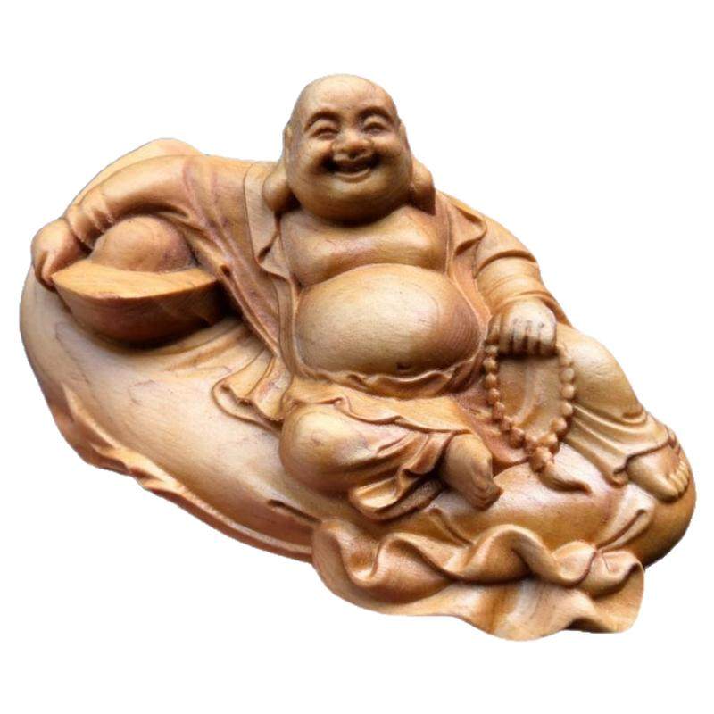 崖柏木雕抱元宝弥勒佛汽车摆件