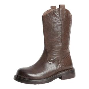 百丽复古西部牛仔靴时装靴女靴子冬季新款真皮显瘦瘦短靴B2395DG4