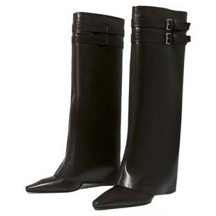 林向晚 职场妖姬~不过膝长靴女设计感小众海妖风小猫跟尖头裤管靴