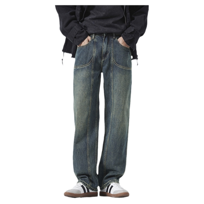 JFU美式复古牛仔裤男2024新款工装宽松直筒秋冬新款阔腿长裤子潮