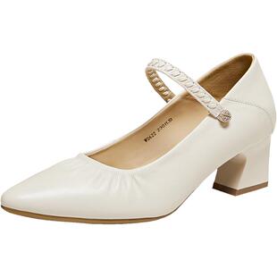 百思图2026夏商场新款牛皮芭蕾玛丽珍鞋尖头粗跟女单鞋W0622AQ6