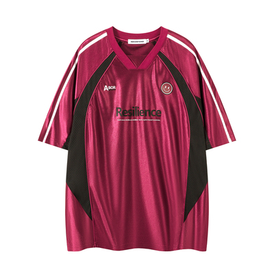 BTSG美式复古条纹拼接V领短袖T恤